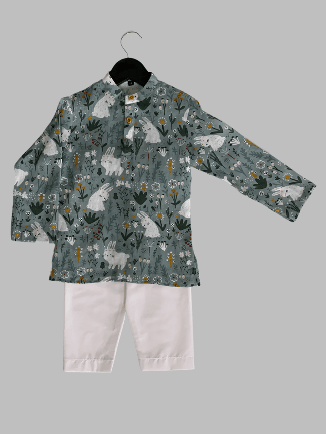 White Rabbit Printed Pure Linen Kurta Pure Cotton Pajama Set - Funny Bones Clothings