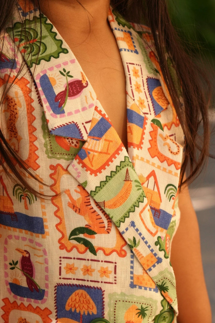 Wild EMblem Printed Pure Linen BLazer Dress - Funny Bones Clothings