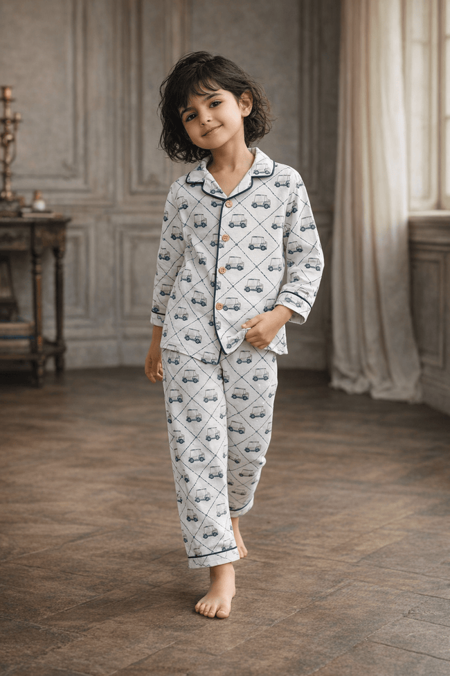 Wobbly Car Print Premium Italian Cotton Night Suit - Funny Bones Clothings