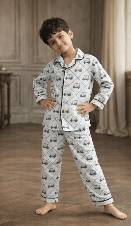 Wobbly Car Print Premium Italian Cotton Night Suit - Funny Bones Clothings